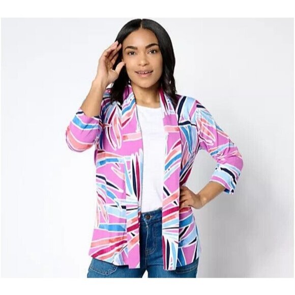 Denim & Co. Beach Printed Jersey 3/4 Sleeve Cardigan Rosebud,XXS - Picture 1 of 1